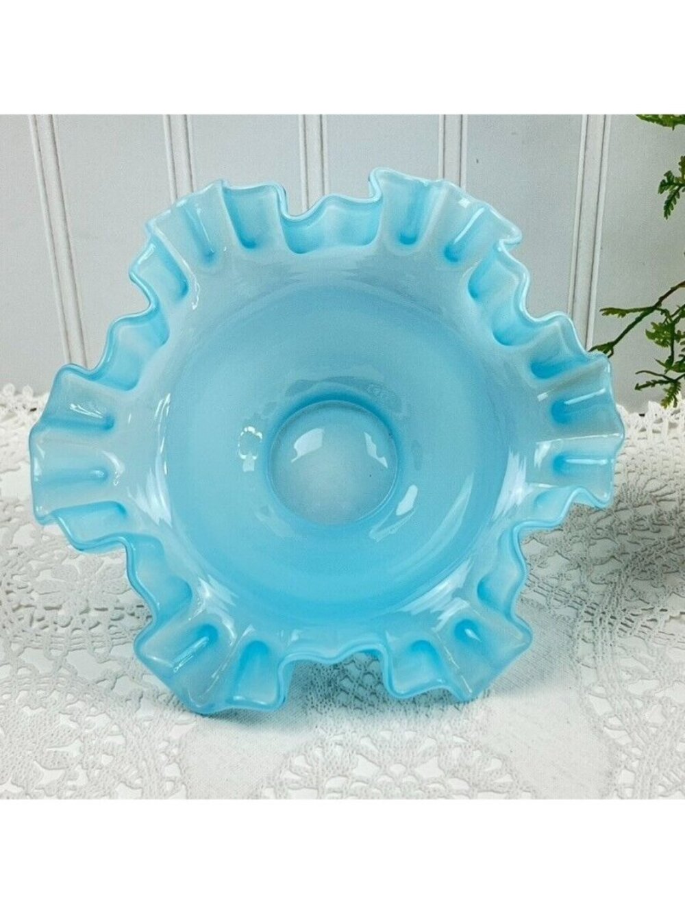 Vintage Bride Basket Decorative Bowl Blue Opalescent 7" Glass Ruffled Edge